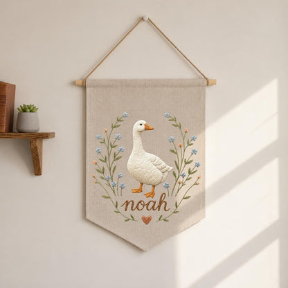 Embroidered Goose Nursery Banner, Custom Name Wall Hanging, Hemp Fabric Decor