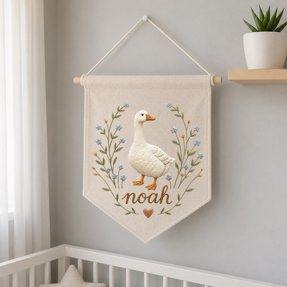 Embroidered Goose Nursery Banner, Custom Name Wall Hanging, Hemp Fabric Decor