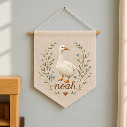 Embroidered Goose Nursery Banner, Custom Name Wall Hanging, Hemp Fabric Decor