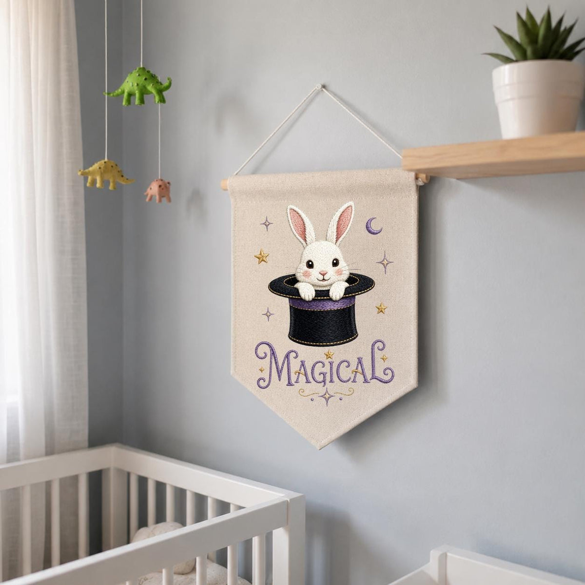 Embroidered Bunny Magic Hat Wall Banner, Whimsical Nursery Decor, Custom Name Sign