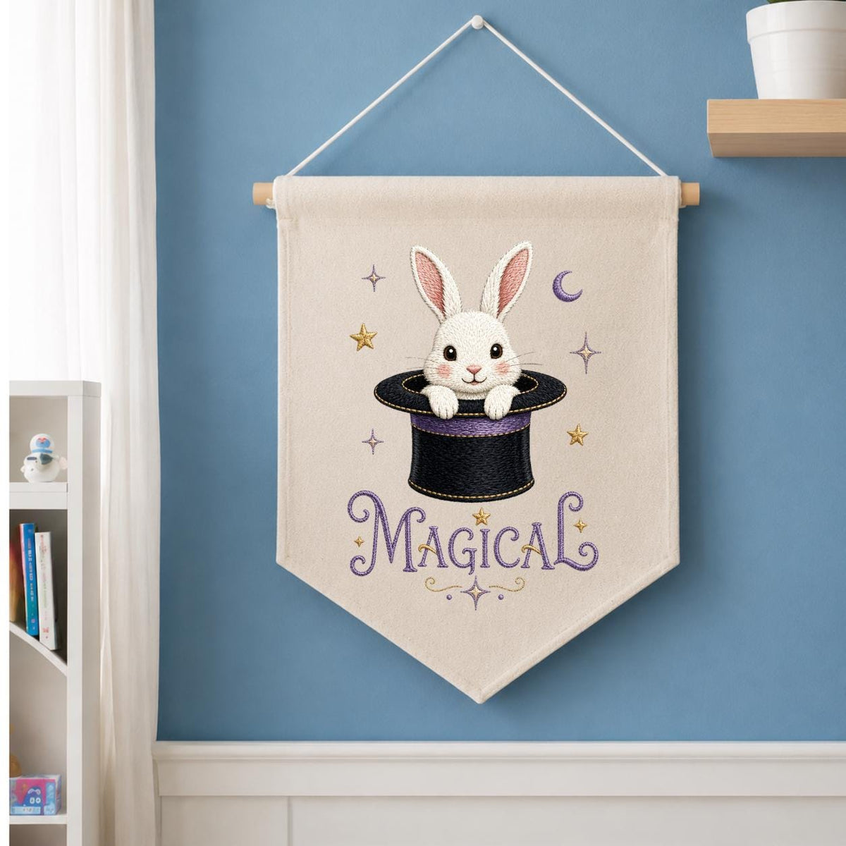 Embroidered Bunny Magic Hat Wall Banner, Whimsical Nursery Decor, Custom Name Sign