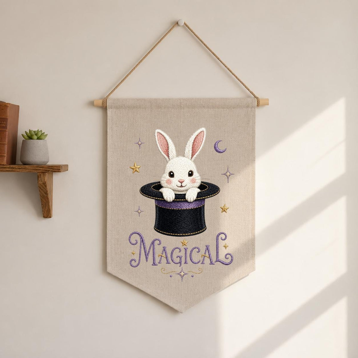Embroidered Bunny Magic Hat Wall Banner, Whimsical Nursery Decor, Custom Name Sign