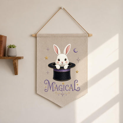 Embroidered Bunny Magic Hat Wall Banner, Whimsical Nursery Decor, Custom Name Sign