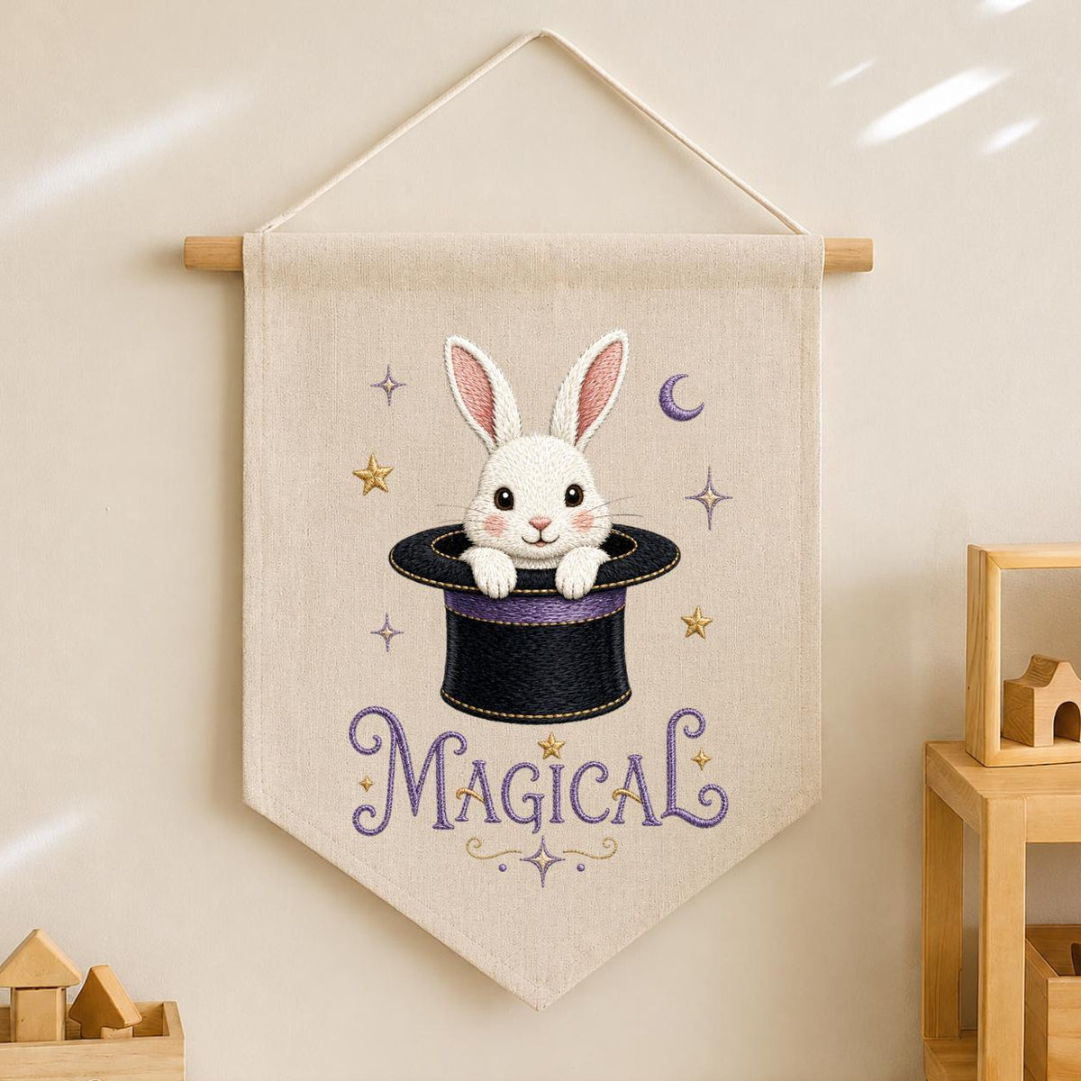 Embroidered Bunny Magic Hat Wall Banner, Whimsical Nursery Decor, Custom Name Sign