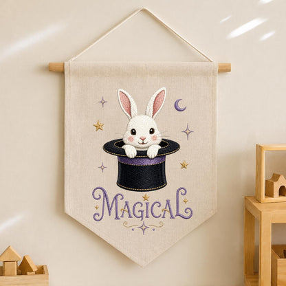 Embroidered Bunny Magic Hat Wall Banner, Whimsical Nursery Decor, Custom Name Sign