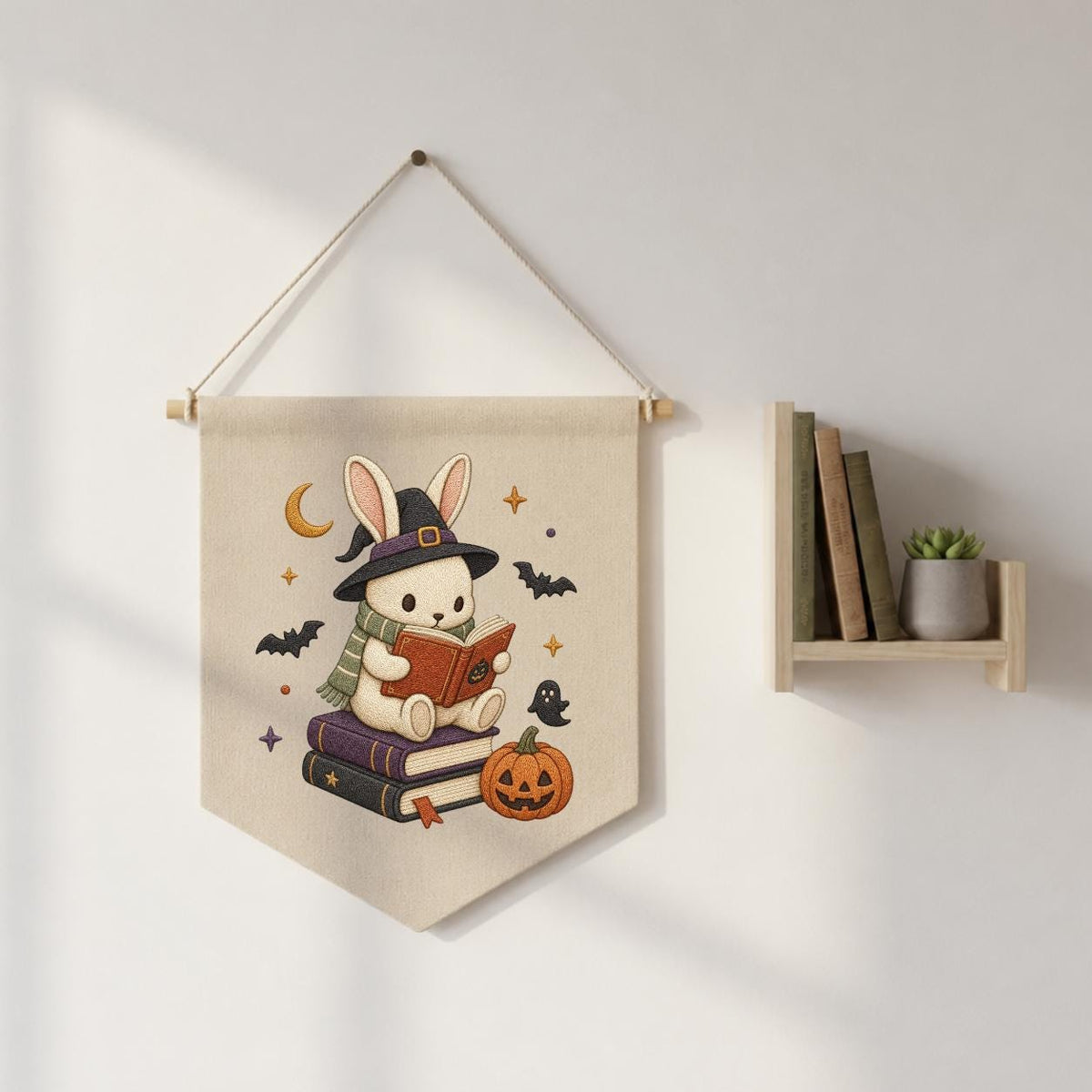 Halloween Bunny Reading Banner, Embroidered Witch Hat Wall Hanging, Spooky Nursery Decor