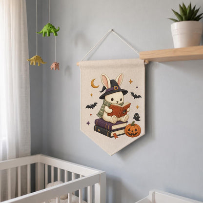 Halloween Bunny Reading Banner, Embroidered Witch Hat Wall Hanging, Spooky Nursery Decor
