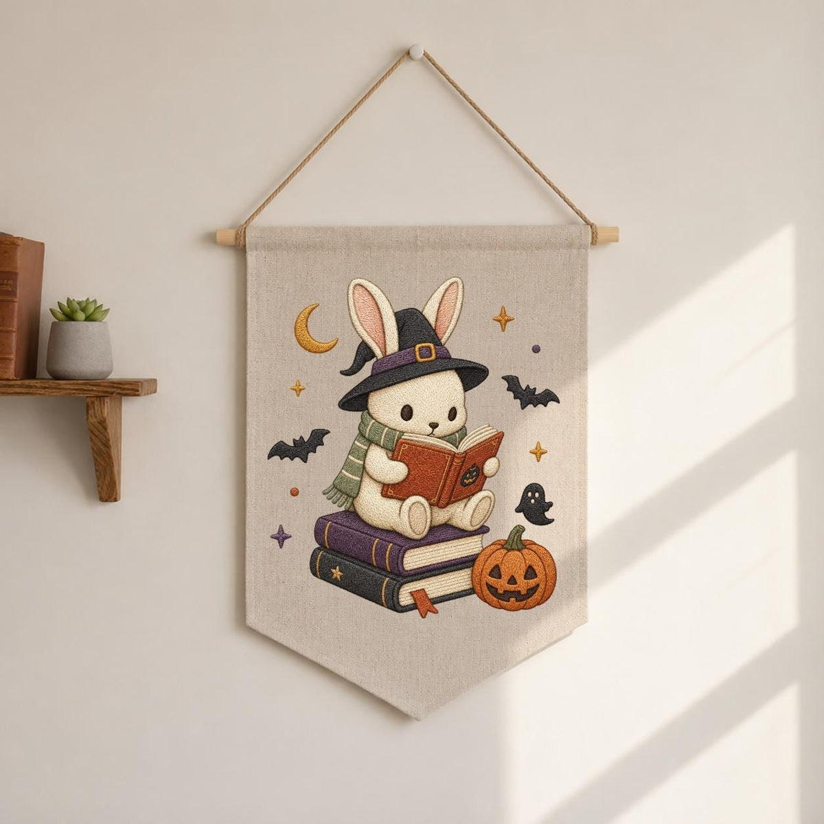 Halloween Bunny Reading Banner, Embroidered Witch Hat Wall Hanging, Spooky Nursery Decor
