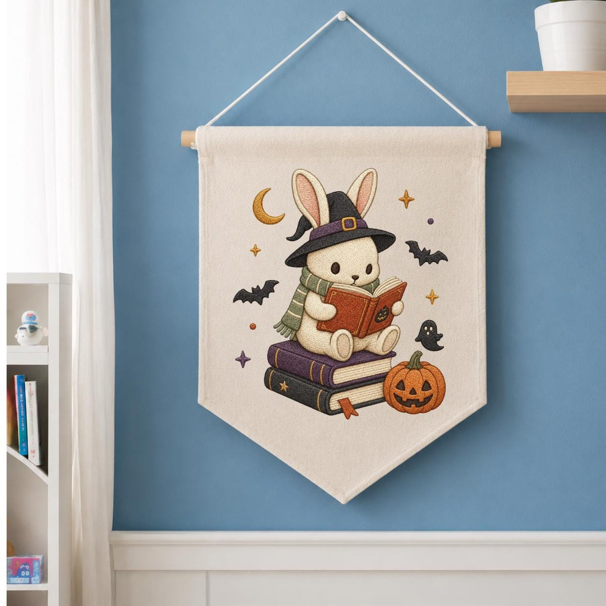 Halloween Bunny Reading Banner, Embroidered Witch Hat Wall Hanging, Spooky Nursery Decor