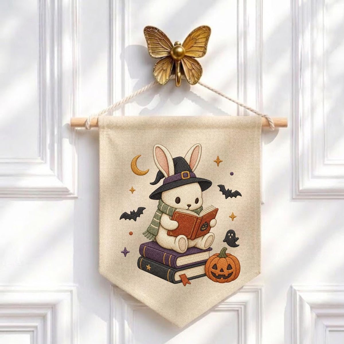 Halloween Bunny Reading Banner, Embroidered Witch Hat Wall Hanging, Spooky Nursery Decor