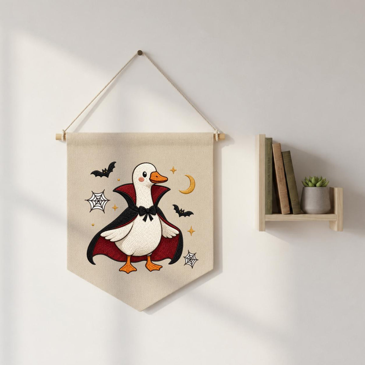 Embroidered Dracula Duck Halloween Banner, Vampire Goose Nursery Decor