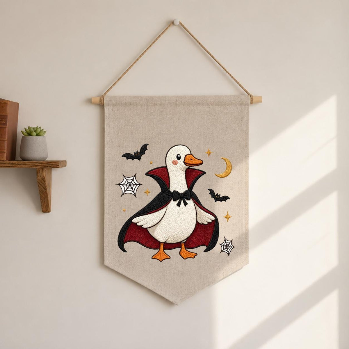 Embroidered Dracula Duck Halloween Banner, Vampire Goose Nursery Decor