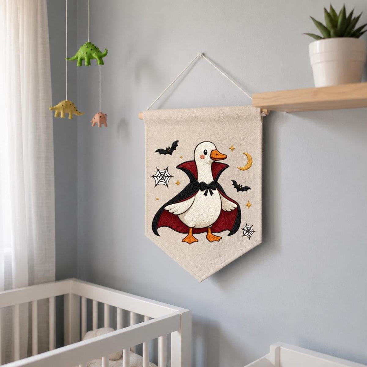 Embroidered Dracula Duck Halloween Banner, Vampire Goose Nursery Decor