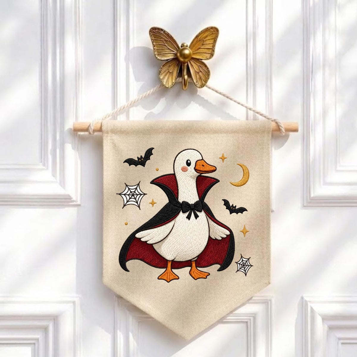 Embroidered Dracula Duck Halloween Banner, Vampire Goose Nursery Decor