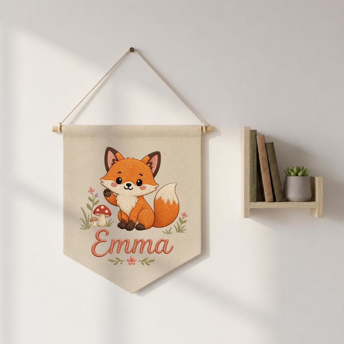 Personalized Embroidered Fox Nursery Banner, Woodland Fabric Wall Hanging