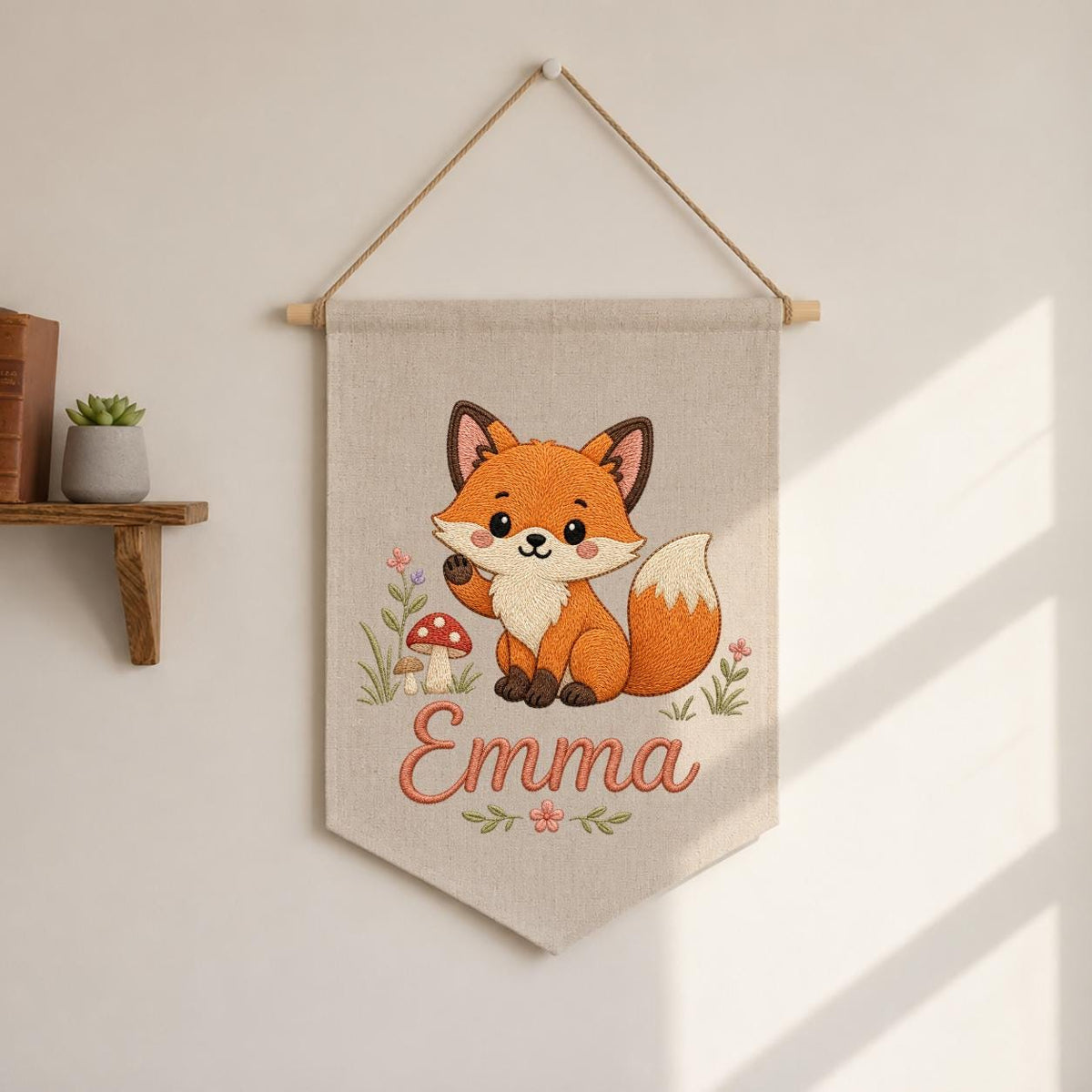 Personalized Embroidered Fox Nursery Banner, Woodland Fabric Wall Hanging