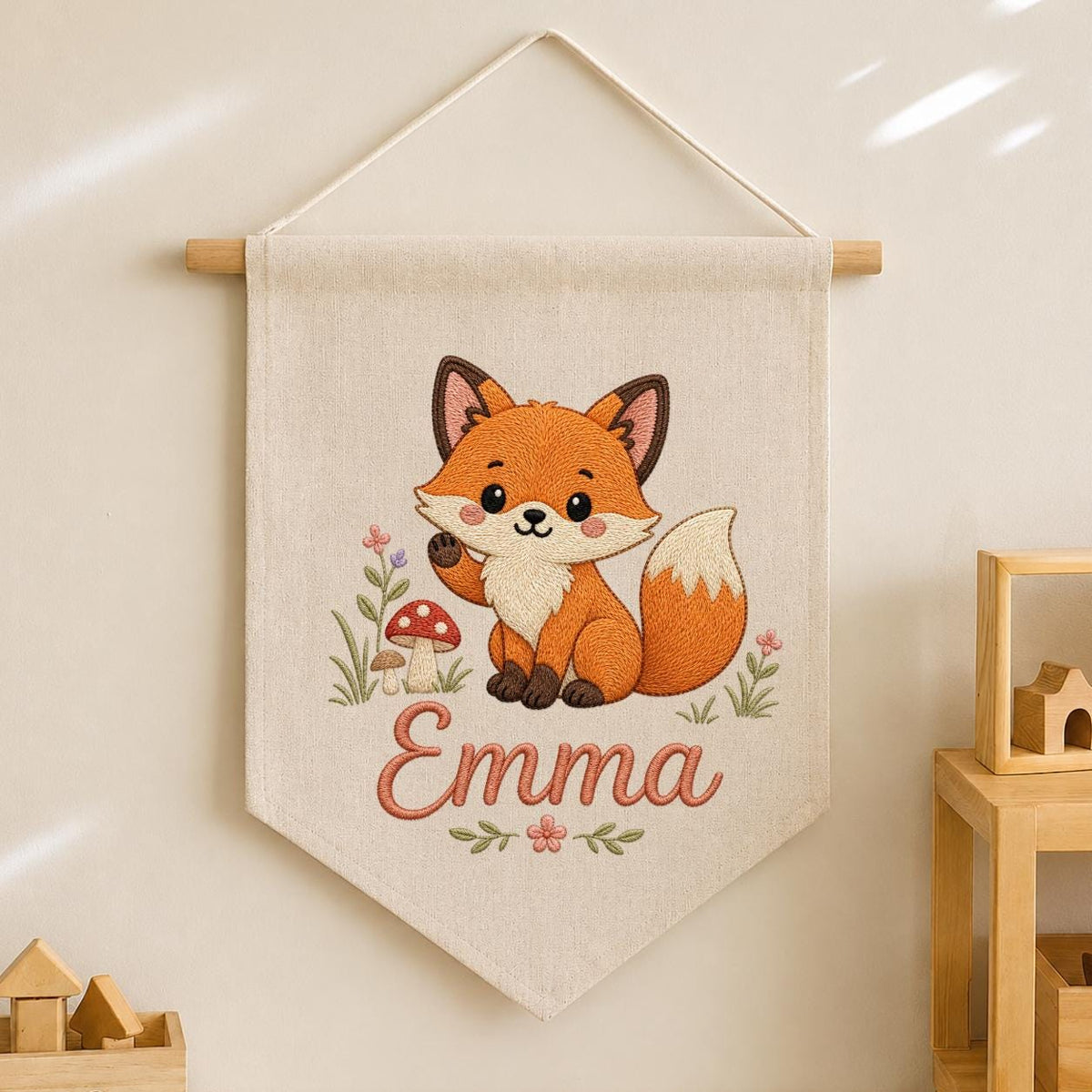 Personalized Embroidered Fox Nursery Banner, Woodland Fabric Wall Hanging
