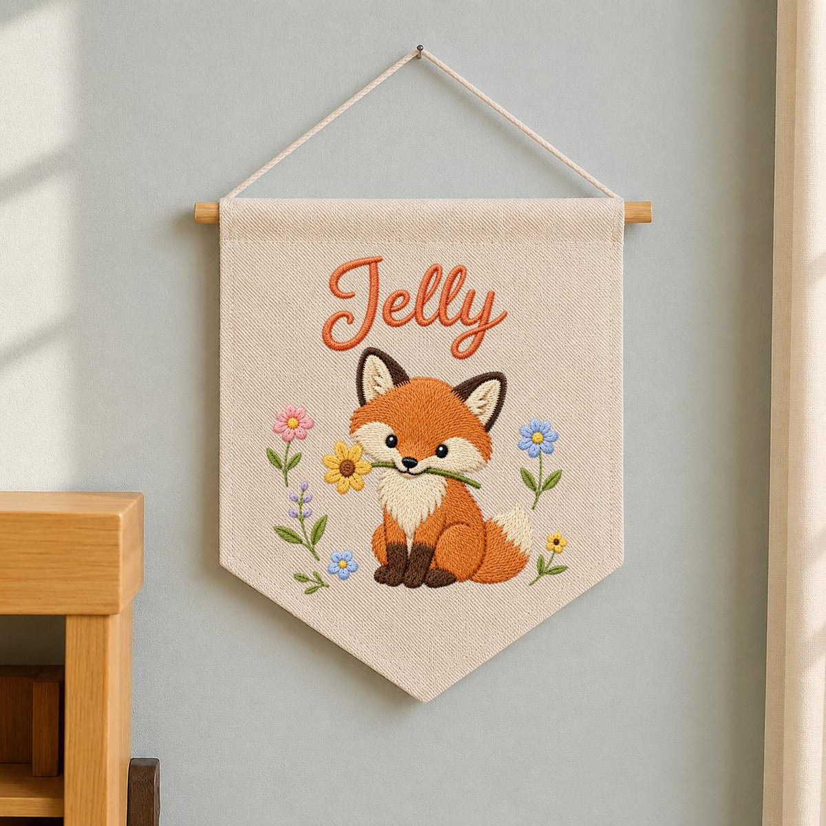 Personalized Fox Embroidered Nursery Banner, Woodland Fabric Wall Hanging Sign