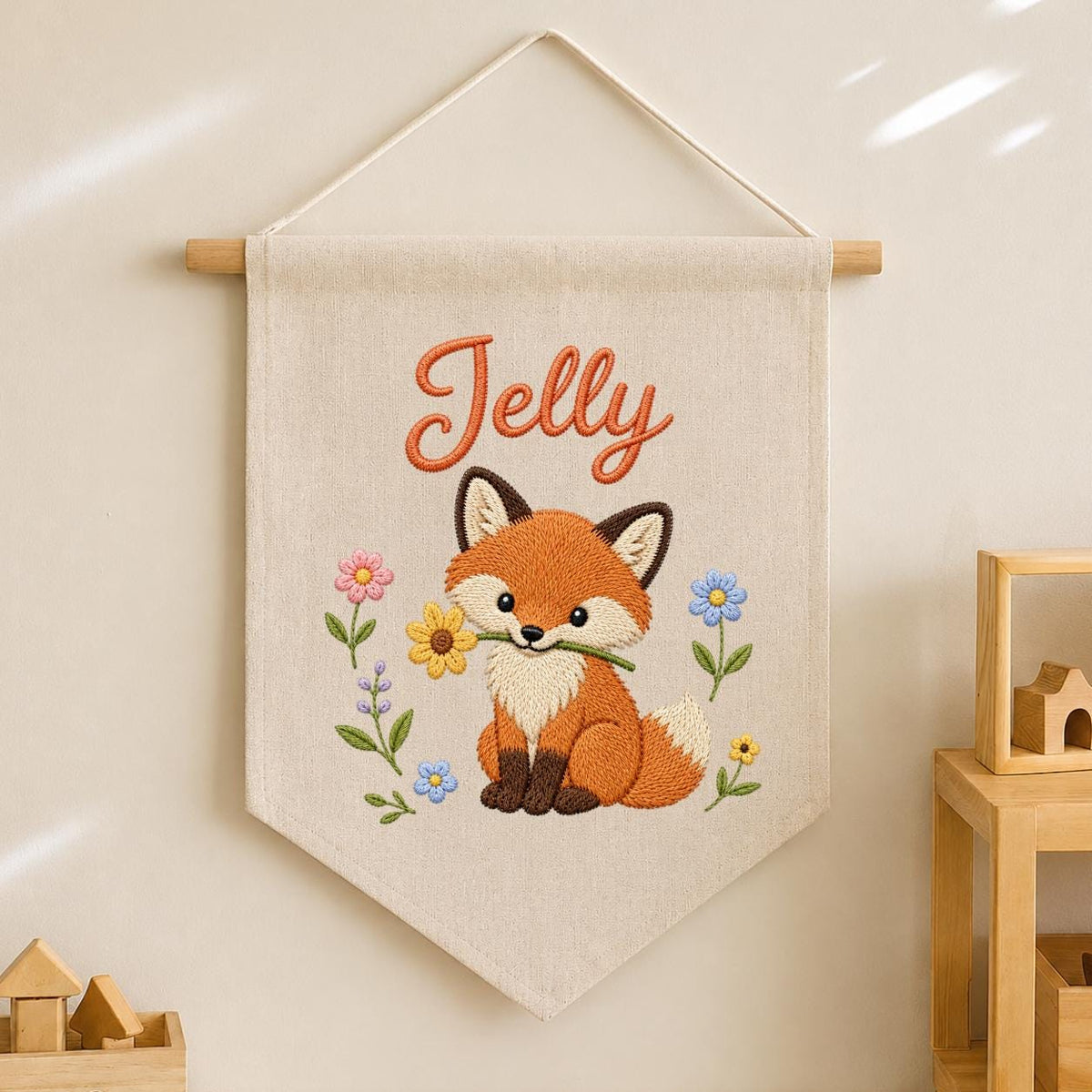 Personalized Fox Embroidered Nursery Banner, Woodland Fabric Wall Hanging Sign
