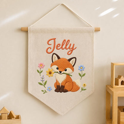 Personalized Fox Embroidered Nursery Banner, Woodland Fabric Wall Hanging Sign