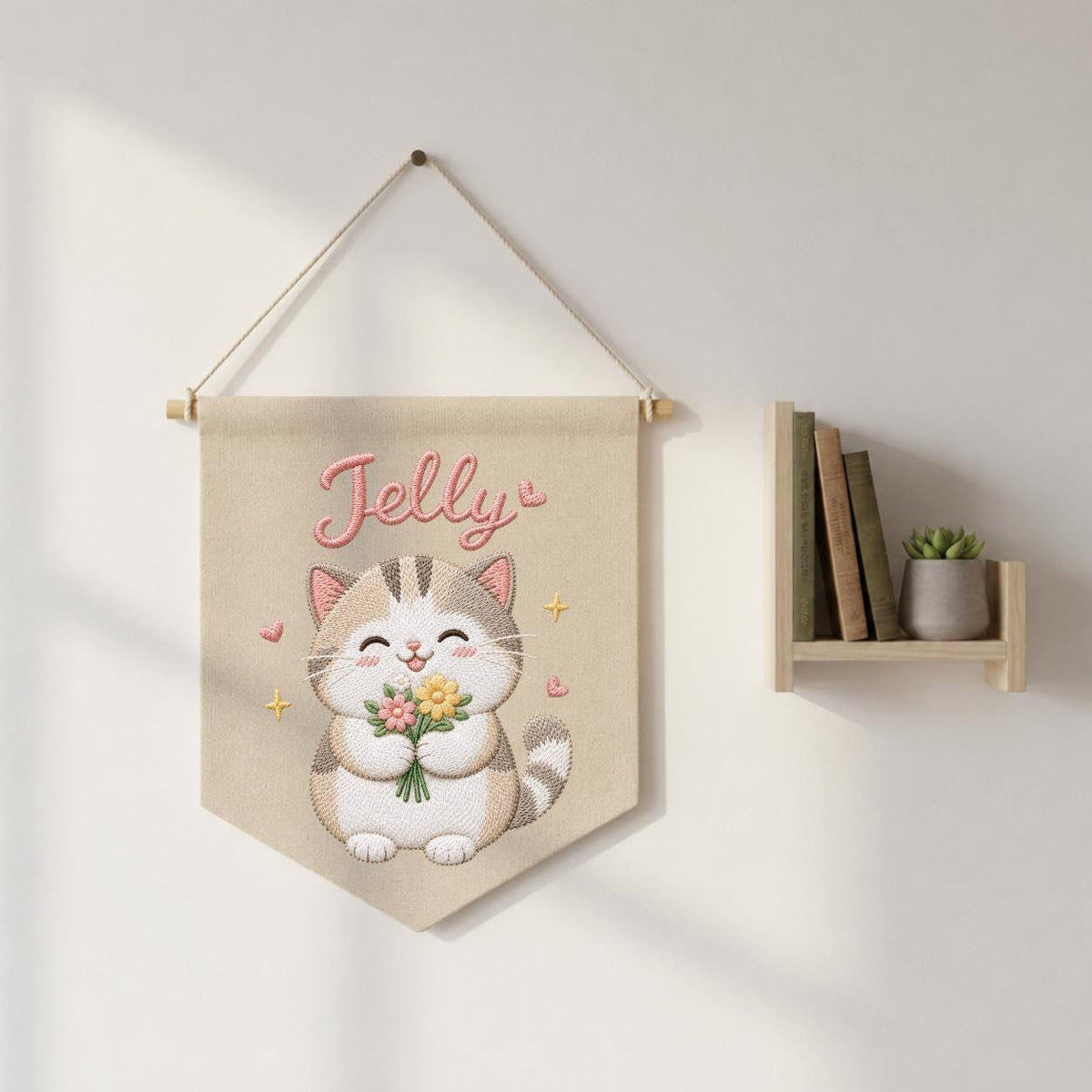 Personalized Embroidered Cat Banner, Custom Name Fabric Wall Hanging, Nursery Decor Sign