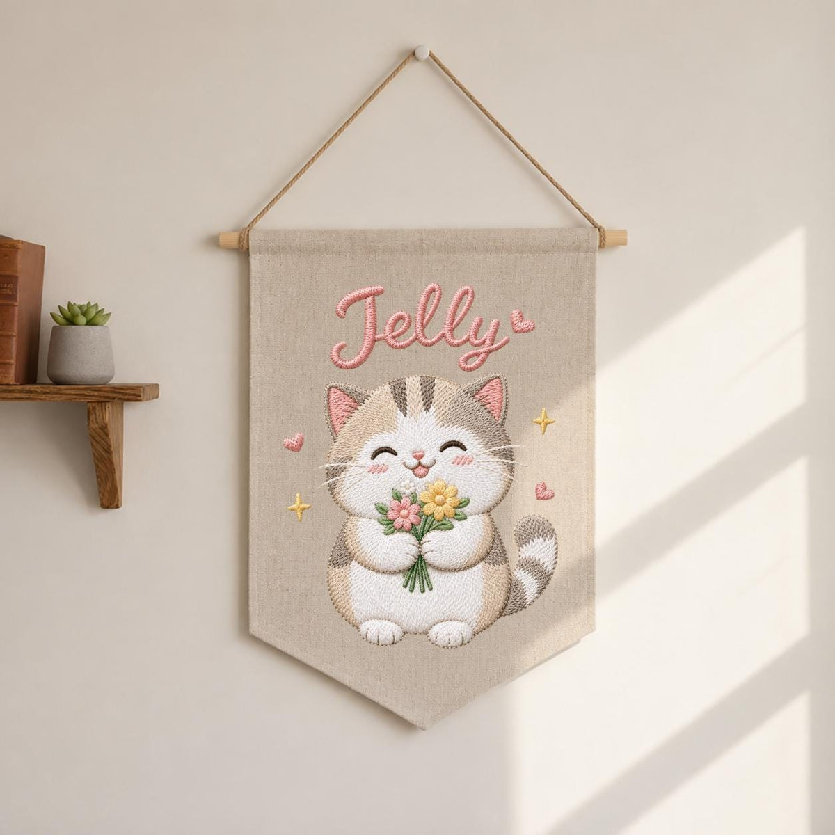 Personalized Embroidered Cat Banner, Custom Name Fabric Wall Hanging, Nursery Decor Sign