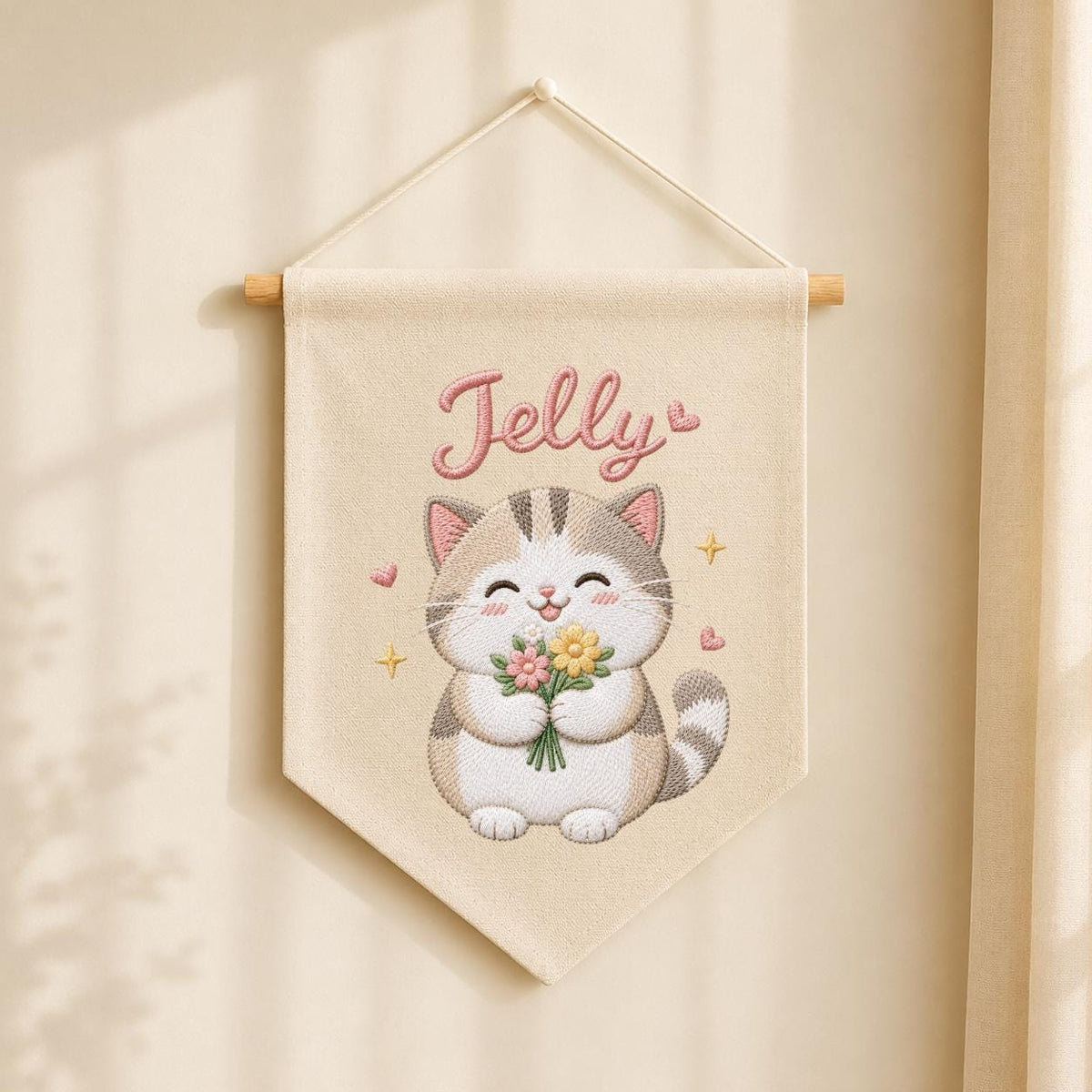 Personalized Embroidered Cat Banner, Custom Name Fabric Wall Hanging, Nursery Decor Sign