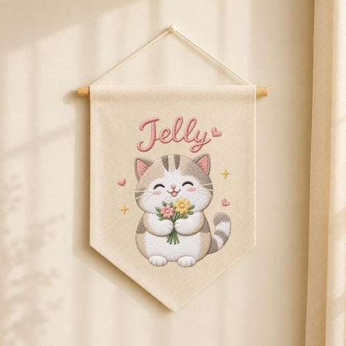 Personalized Embroidered Cat Banner, Custom Name Fabric Wall Hanging, Nursery Decor Sign