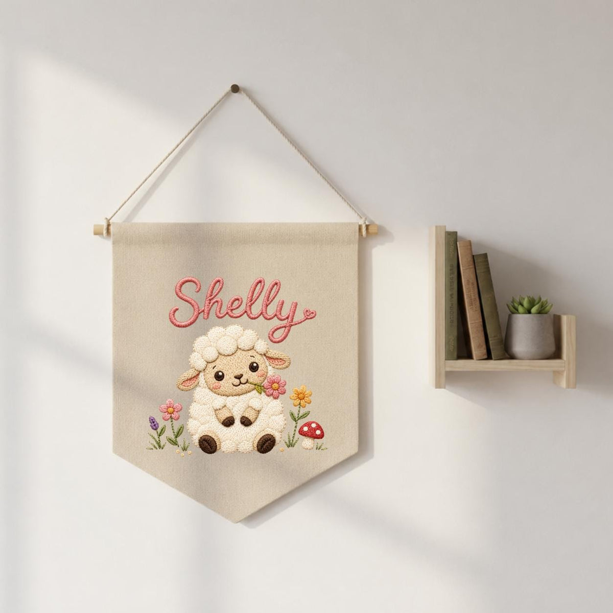 Embroidered Sheep Name Banner, Custom Nursery Wall Hanging, Baby Gift