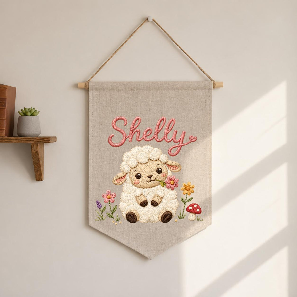 Embroidered Sheep Name Banner, Custom Nursery Wall Hanging, Baby Gift