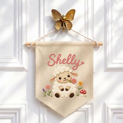 Embroidered Sheep Name Banner, Custom Nursery Wall Hanging, Baby Gift