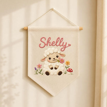 Embroidered Sheep Name Banner, Custom Nursery Wall Hanging, Baby Gift