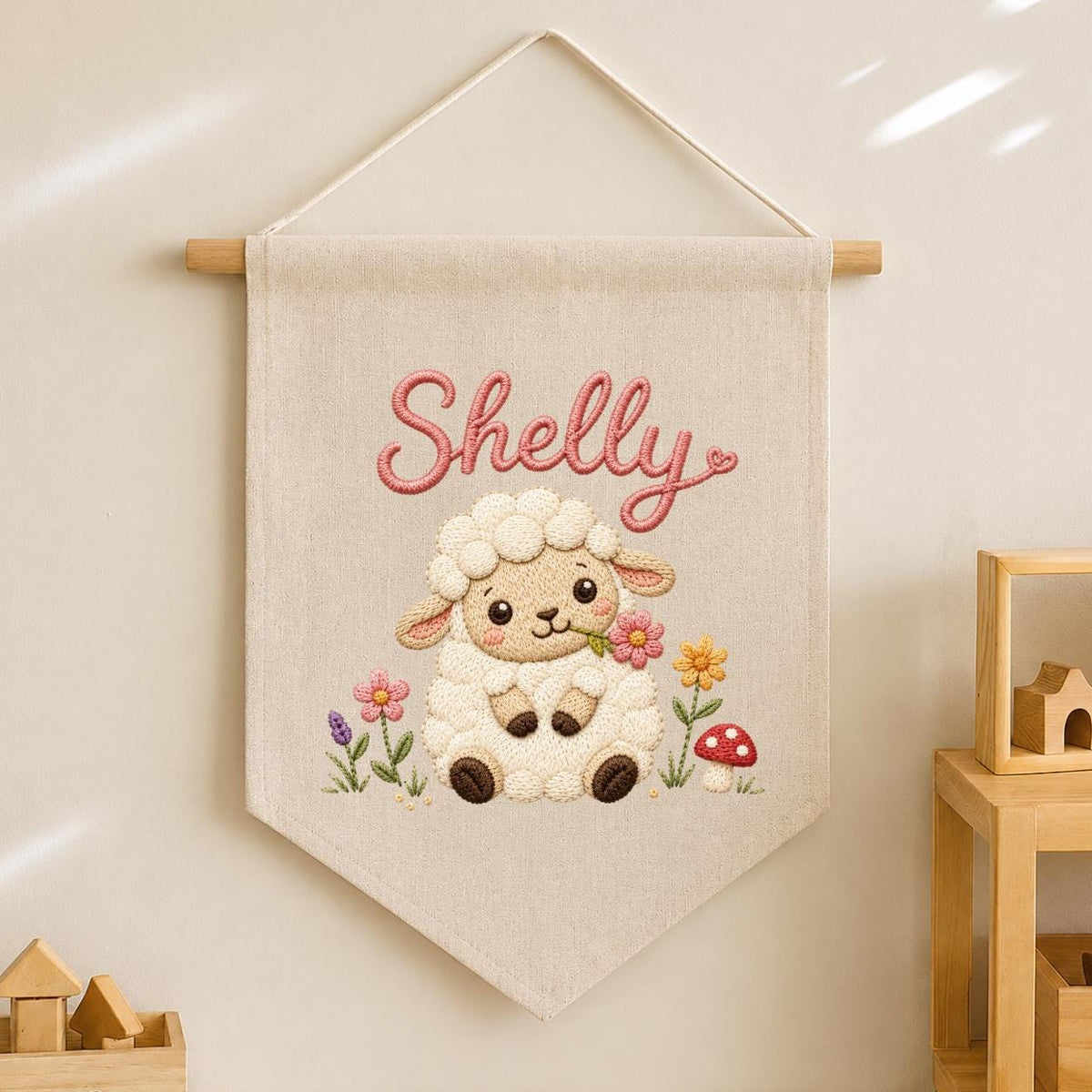 Embroidered Sheep Name Banner, Custom Nursery Wall Hanging, Baby Gift