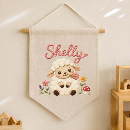 Embroidered Sheep Name Banner, Custom Nursery Wall Hanging, Baby Gift