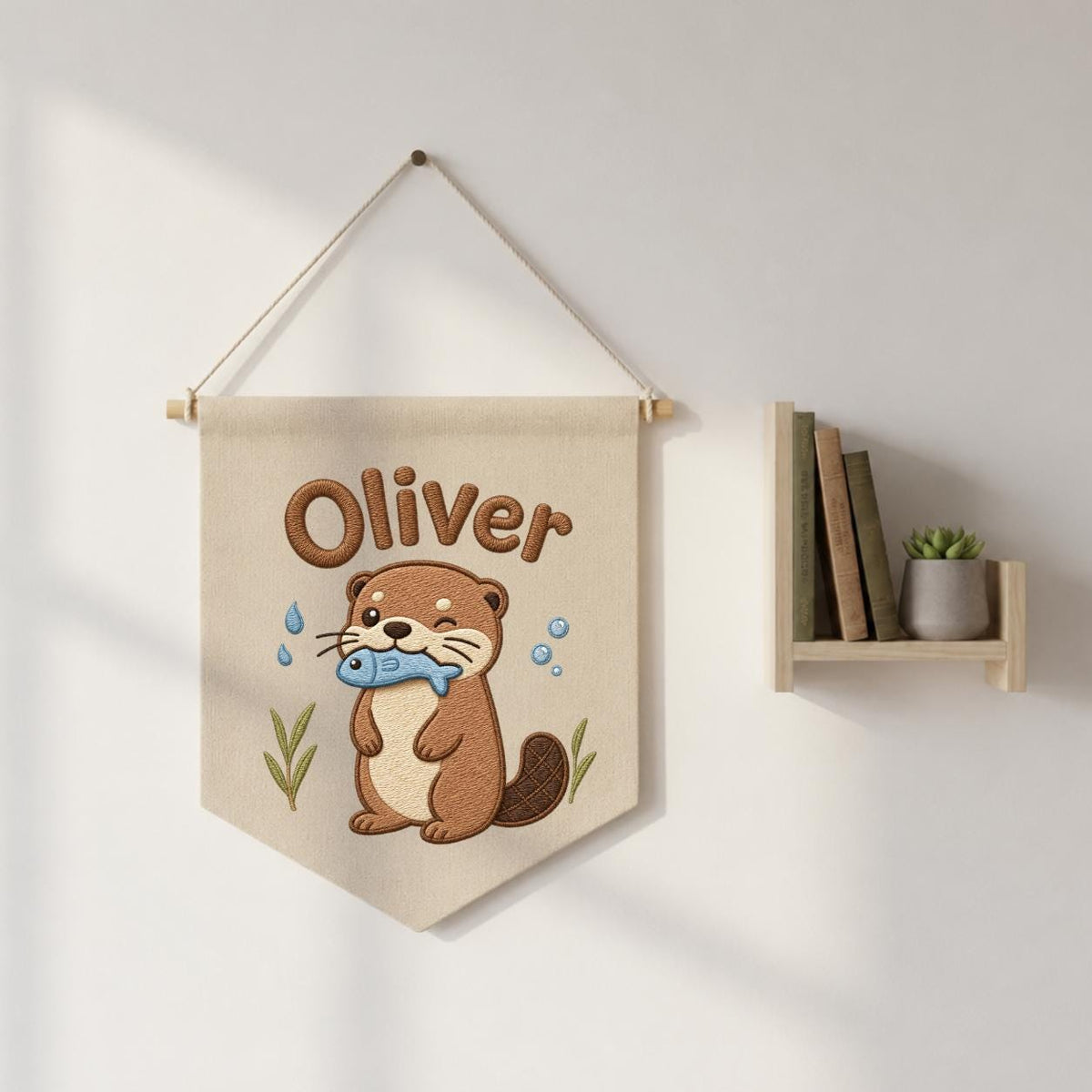 Personalized Otter Embroidered Name Banner, River Animal Nursery Wall Hanging