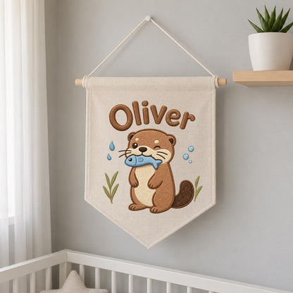Personalized Otter Embroidered Name Banner, River Animal Nursery Wall Hanging