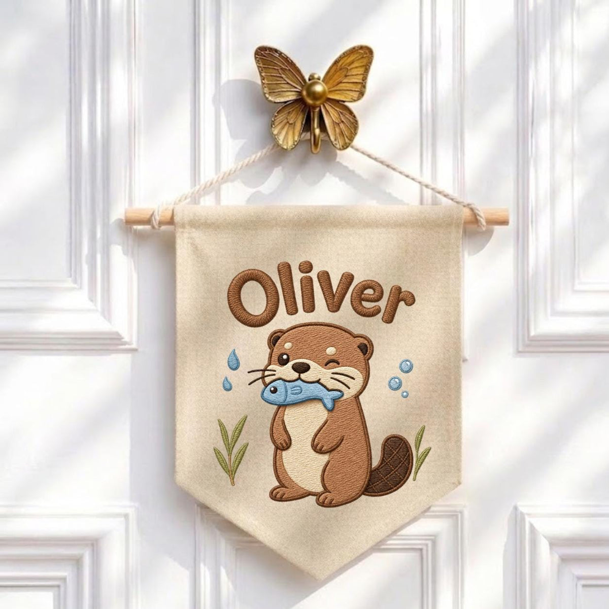 Personalized Otter Embroidered Name Banner, River Animal Nursery Wall Hanging