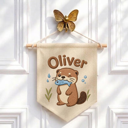 Personalized Otter Embroidered Name Banner, River Animal Nursery Wall Hanging