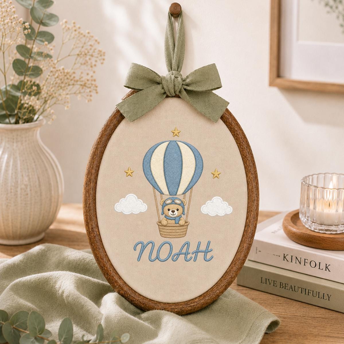 Personalized Embroidered Hoop Art, Hot Air Balloon Nursery Decor, Teddy Bear Aviator Wall Hanging