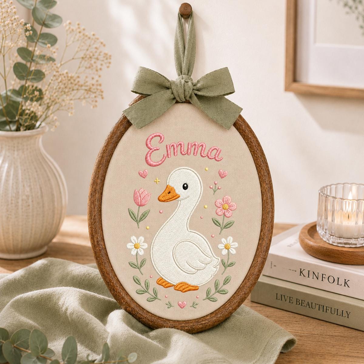Personalized Embroidered Goose Hoop Art, Custom Name Nursery Decor