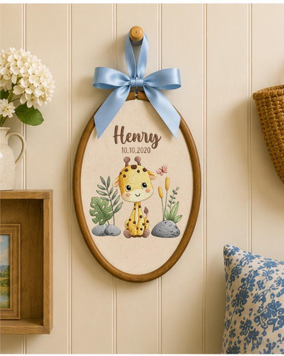 Personalized Giraffe Embroidery Hoop, Custom Baby Name Ornament, Nursery Wall Decor, Birth Date Keepsake, Baby Shower Gift