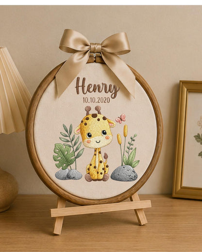 Personalized Giraffe Embroidery Hoop, Custom Baby Name Ornament, Nursery Wall Decor, Birth Date Keepsake, Baby Shower Gift