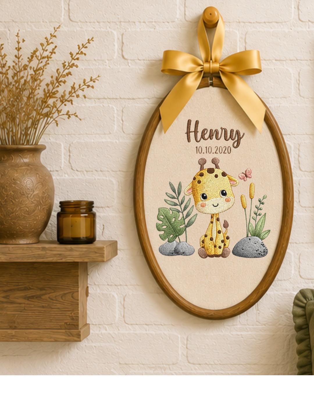 Personalized Giraffe Embroidery Hoop, Custom Baby Name Ornament, Nursery Wall Decor, Birth Date Keepsake, Baby Shower Gift