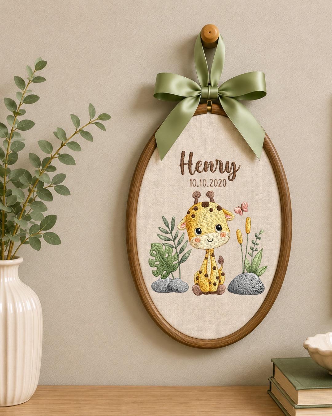 Personalized Giraffe Embroidery Hoop, Custom Baby Name Ornament, Nursery Wall Decor, Birth Date Keepsake, Baby Shower Gift