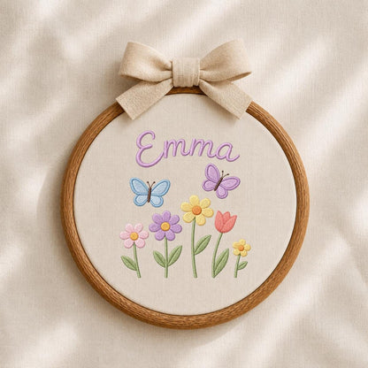 Personalized Embroidered Hoop Art, Butterfly Floral Nursery Name Sign