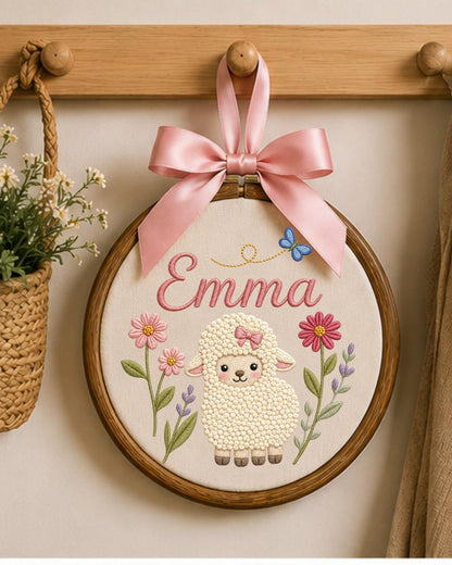 Personalized Lamb Embroidery Hoop, Custom Baby Name Ornament, Floral Nursery Wall Decor, Baby Girl Room Decor, Newborn Gift