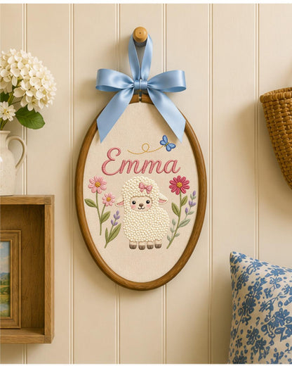 Personalized Lamb Embroidery Hoop, Custom Baby Name Ornament, Floral Nursery Wall Decor, Baby Girl Room Decor, Newborn Gift