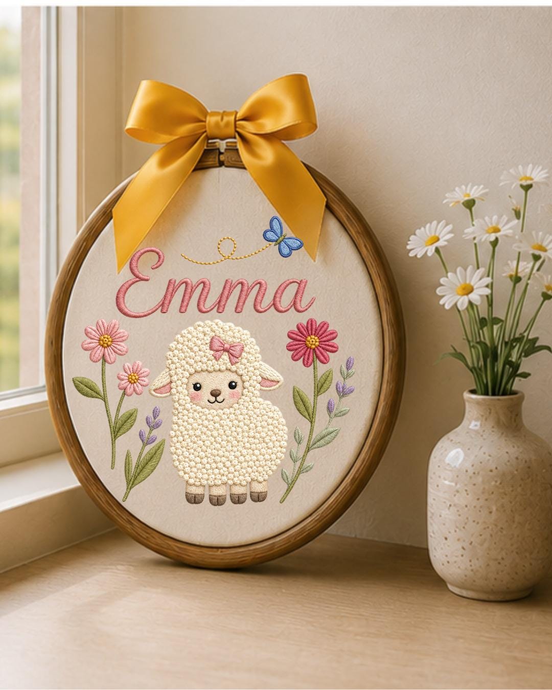 Personalized Lamb Embroidery Hoop, Custom Baby Name Ornament, Floral Nursery Wall Decor, Baby Girl Room Decor, Newborn Gift