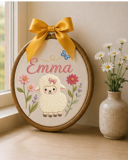 Personalized Lamb Embroidery Hoop, Custom Baby Name Ornament, Floral Nursery Wall Decor, Baby Girl Room Decor, Newborn Gift