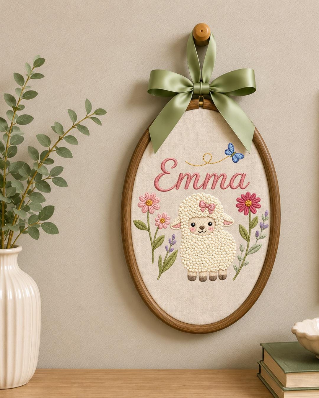 Personalized Lamb Embroidery Hoop, Custom Baby Name Ornament, Floral Nursery Wall Decor, Baby Girl Room Decor, Newborn Gift